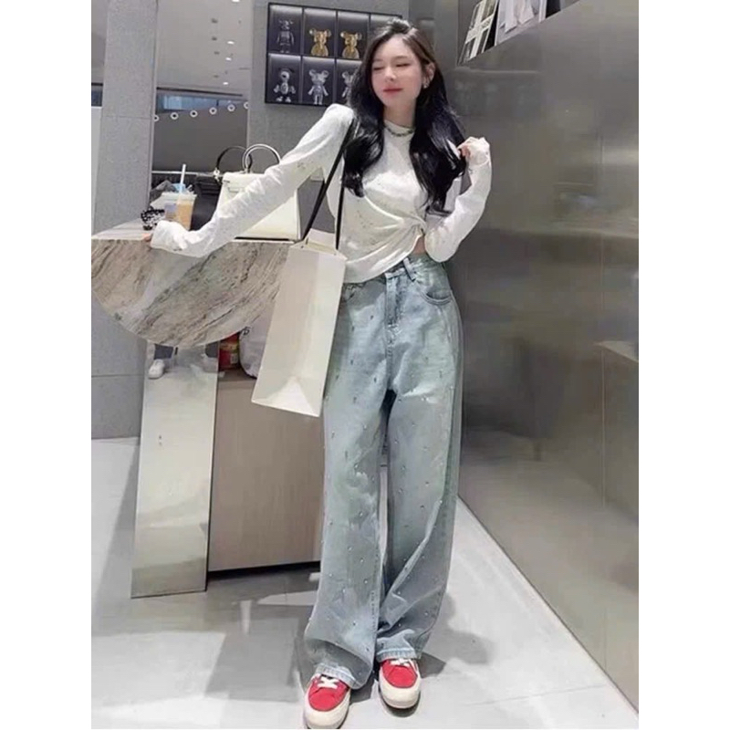 Quần Jean Nữ Ống Suông Rộng Bigsize 55-90kg Đính Đá Sang Trọng, Kiểu Quần Bò Form Dáng Ống Rộng Bigsize Ms241 | BigBuy360 - bigbuy360.vn