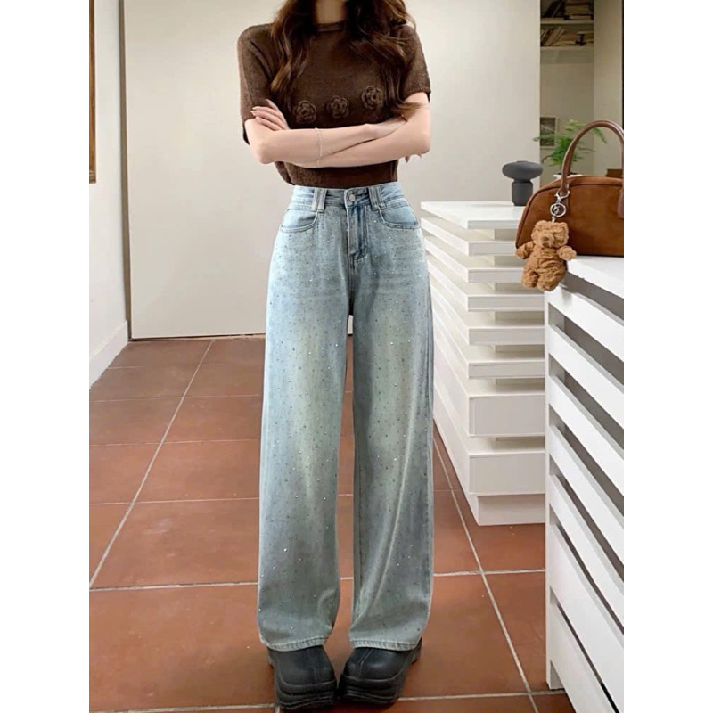Quần Jean Nữ Ống Suông Rộng Bigsize 55-90kg Đính Đá Sang Trọng, Kiểu Quần Bò Form Dáng Ống Rộng Bigsize Ms241 | BigBuy360 - bigbuy360.vn