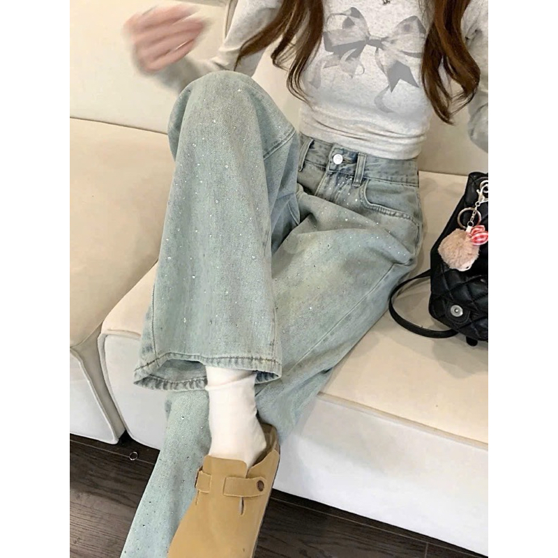 Quần Jean Nữ Ống Suông Rộng Bigsize 55-90kg Đính Đá Sang Trọng, Kiểu Quần Bò Form Dáng Ống Rộng Bigsize Ms241 | BigBuy360 - bigbuy360.vn