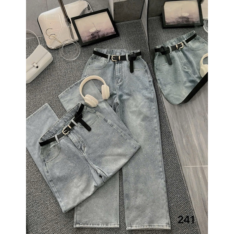 Quần Jean Nữ Ống Suông Rộng Bigsize 55-90kg Đính Đá Sang Trọng, Kiểu Quần Bò Form Dáng Ống Rộng Bigsize Ms241 | BigBuy360 - bigbuy360.vn
