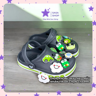 Dép Cross Baya Trẻ Em, Dép Sục Cho Bé Trai, Bé Gái 3,10 Tuổi Màu Xám - Viền Xanh Lá Tặng 10 Charm Gắn Kèm - SASA SHOP