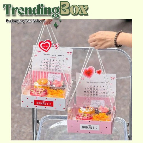10 Set Hộp Đựng Bánh Kem Romantic Hoạ Tiết Chấm Bi, Hộp Bánh Kem Chữ Romantic
