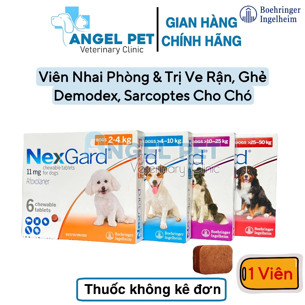 Nexgard - Viên Nhai Phòng Và xử lý Ve, Rận, Bọ Chét, Ghẻ Demodex Dành Cho Chó - (Lẻ 1 viên - không hộp)