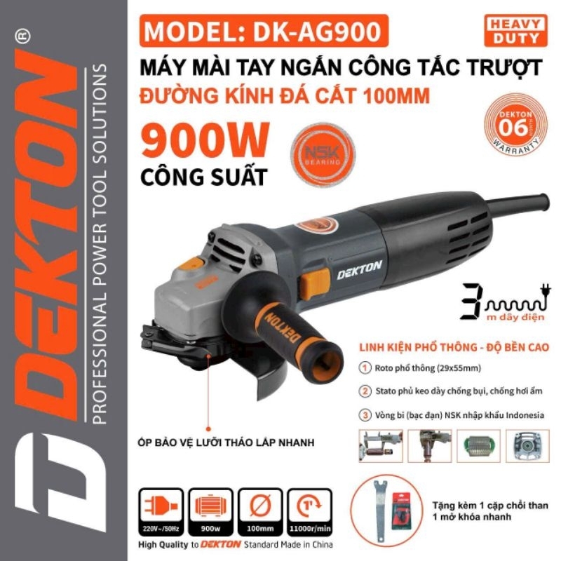 Máy Mài Góc Dekton DK-AG900, Công Tắc Trượt, Công Suất 900W, Lưỡi 110mm