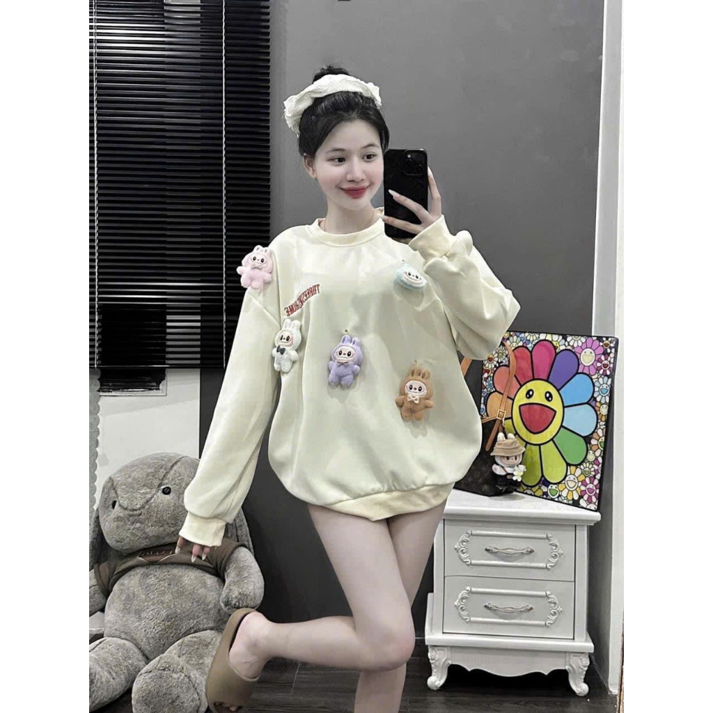 Áo Nỉ Hai Da Swearter Nữ Tặng kèm Labubu _ From dáng Thoải Mái_Áo Hoodie màu Be Tôn Da- Mặc Thu Đông