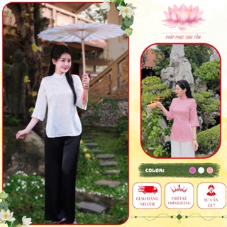 Mã áo lẻ-Đồ lam đi chùa nữ bộ pháp phục cổ tàu vạt chéo phù hợp đi lễ chùa thanh tịnh lụa gấm cao cấp