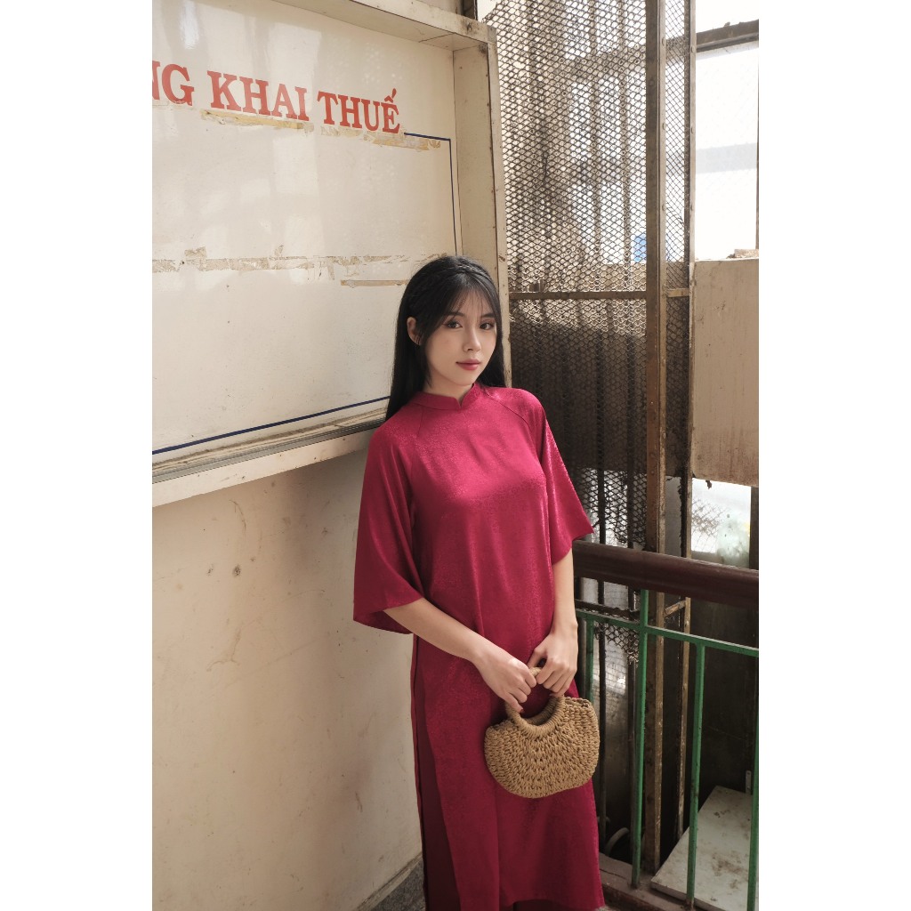 Set áo dài lụa gấm đỏ dáng suông - Áo Dài Hồng Xích - APRILLE