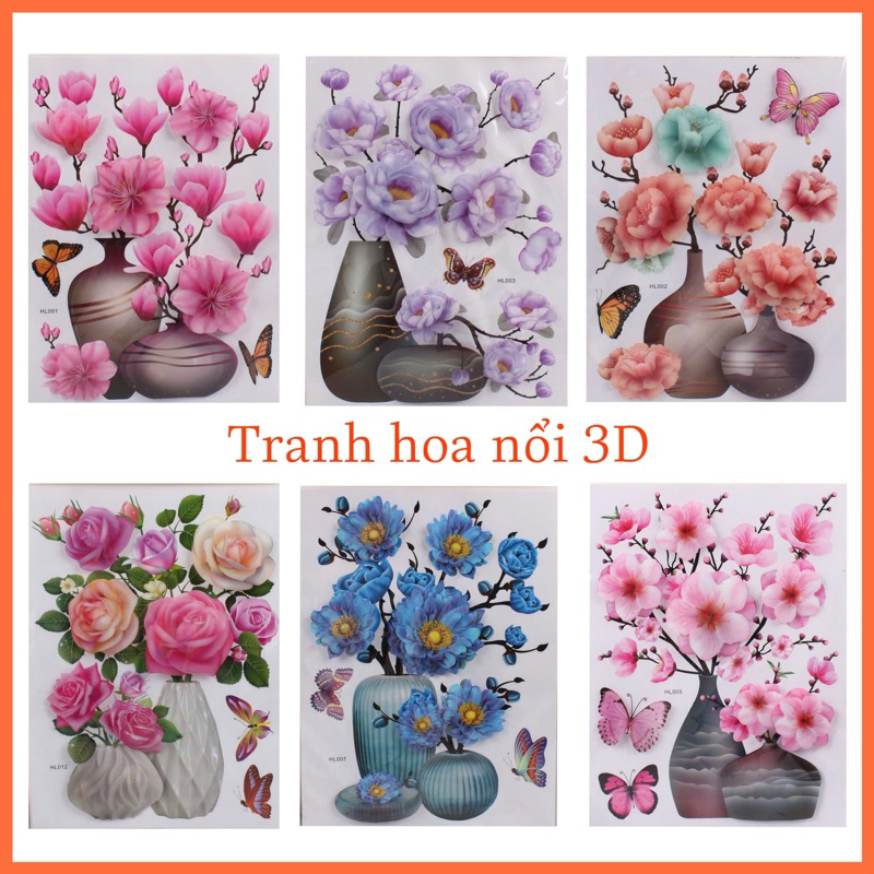 Combo Tranh dán tường bình hoa nổi 3D (nhiều mẫu)