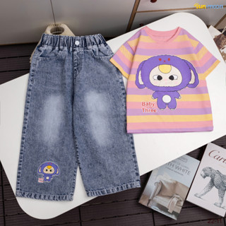 Set cho bé gái Baby Three, Labubu áo thun cotton quần jean ống rộng size từ 14kg đến 45kg - Mebena