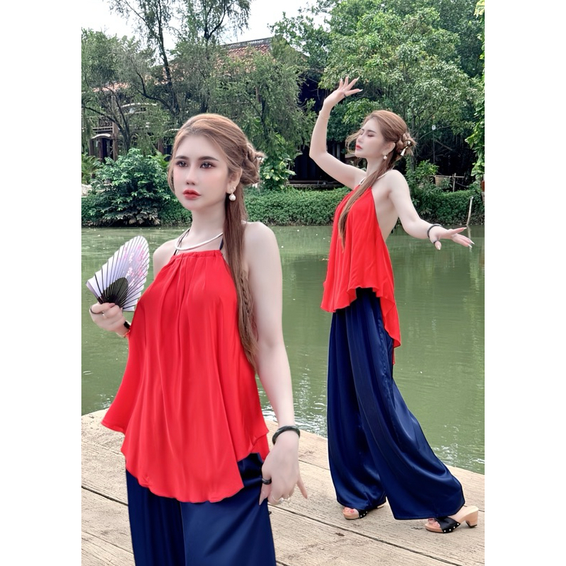 Yếm Lụa đào - Quần dáng rộng (dài quần 105cm) diện Tết