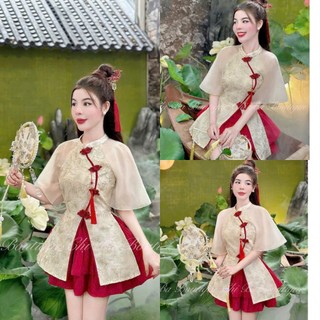  SÉT VÁY MẶC TẾT XUÂN 2025 CHẤT TƠ THÊU HOA XOẮN CAO CẤP TAY LOE CỔ TÀU CHÉO NÚT ĐỎ MIX CHÂN VÁY 2 TẦNG 