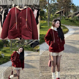 Áo khoác lông cừu kèm mũ len túi chéo cúc cài dọc hàng QC loại 1