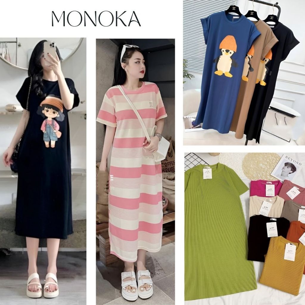 ( Nhiều họa tiết ) Váy thun dáng dài cộc tay form rộng Đầm bầu dài không cổ mặc nhà đi chơi bigsize cute T180G MONOKA