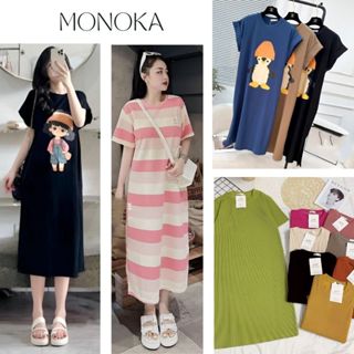 ( Nhiều họa tiết ) Váy thun dáng dài cộc tay form rộng Đầm bầu dài không cổ mặc nhà đi chơi bigsize cute T180G MONOKA