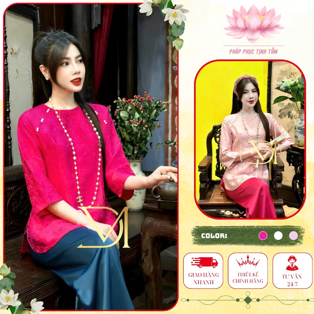 Mã áo lẻ - Đồ lam đi chùa nữ bộ pháp phục cổ tròn vạt xuông mặc đi lễ chùa