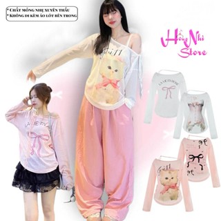 Áo Thun Giấy Trễ Vai Thắt Nơ Tay Dài Form Rộng, Chất Mỏng Nhẹ Không Có Áo Lót - MM Hồng Nhi Store