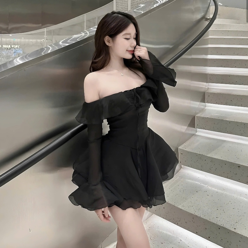 Váy Tơ Bèo Trễ Vai Cup Nguc Tay Loe Dáng Ngắn Xoè 2 Tầng Kèm Quần | BigBuy360 - bigbuy360.vn