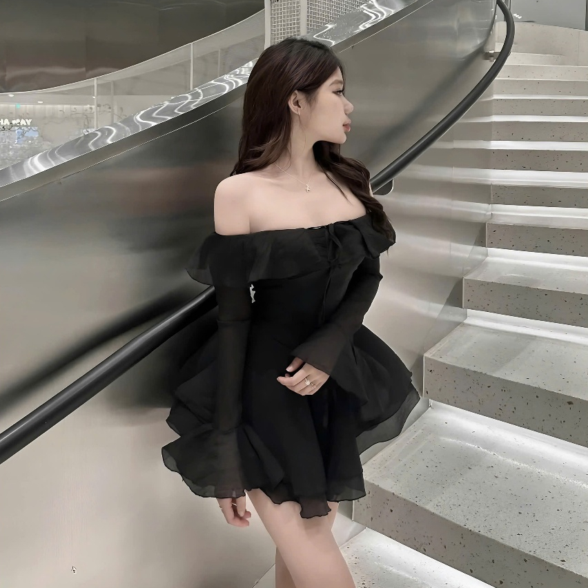 Váy Tơ Bèo Trễ Vai Cup Nguc Tay Loe Dáng Ngắn Xoè 2 Tầng Kèm Quần | BigBuy360 - bigbuy360.vn