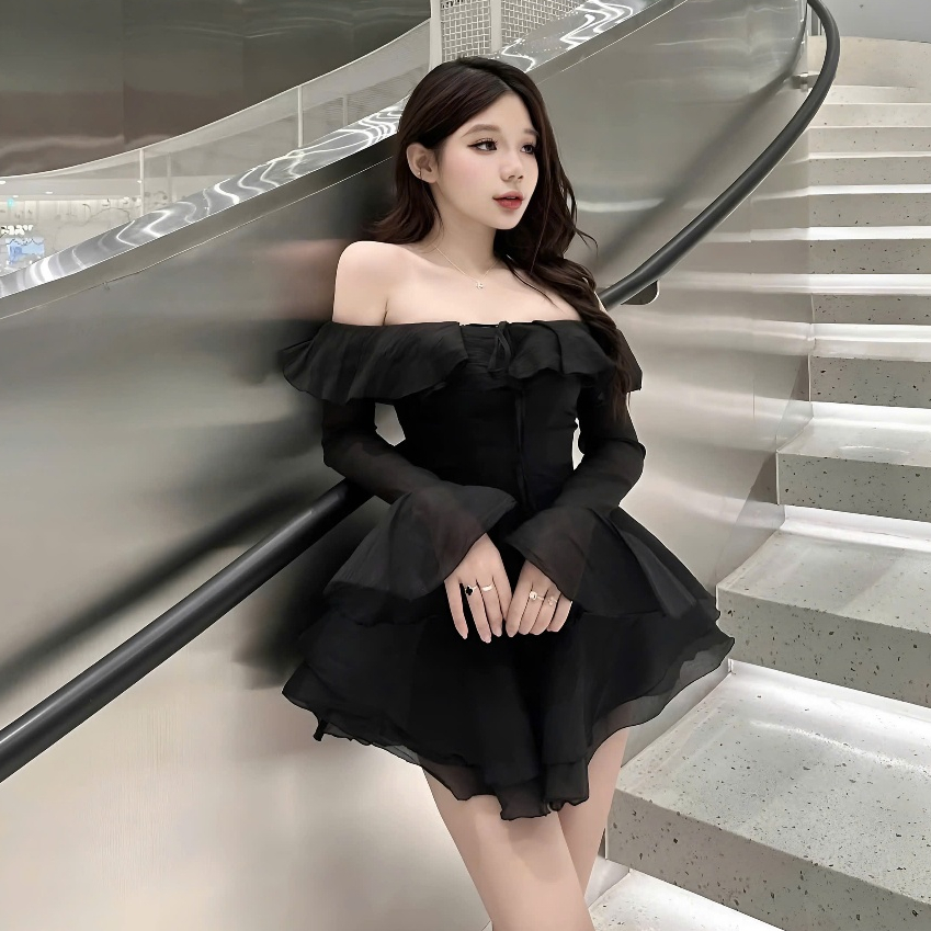 Váy Tơ Bèo Trễ Vai Cup Nguc Tay Loe Dáng Ngắn Xoè 2 Tầng Kèm Quần | BigBuy360 - bigbuy360.vn