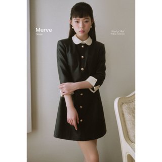 JOIE DES ROSES - Váy liền da đen dáng chữ A cổ sen Merve Dress