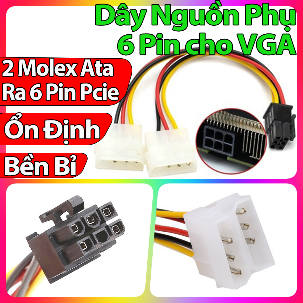 ✅ Dây nguồn phụ 6 pin pcie cho Card màn hình VGA Cáp nguồn 6 pin chuyển 2 molex 4 pin ata IDE to ngu