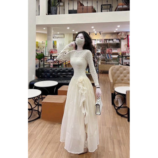  Váy ren phối tơ dáng dài đính hoa xẻ tà váy cổ tròn dáng dài váy đi tiệc đi chơi du lịch V51 