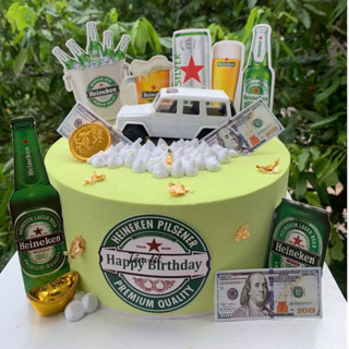 bánh sinh Nhật giả - bánh mô hình- ô tô trắng -bia Heineken E17