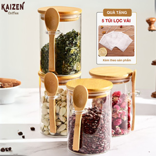  Hũ Thủy Tinh 1000ml Kèm Thìa Gỗ Đựng Gia Vị Lọ Đựng Hạt Khô Yến Mạch Có Mút Cao Su Chống Ẩm - Kaizen Coffee 