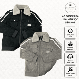 Áo Da Lộn Cổ Lông Tag Logo Viền 2 Sọc Hot - Áo Bomber Da Lộn 2 Màu Nam Nữ Hàng Đẹp