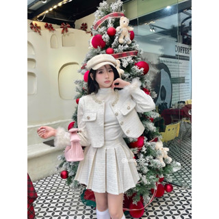  Set váy dạ cổ tròn đính đá tay lông vũ Hàn Quốc Simbabo - ẢNH THẬT 