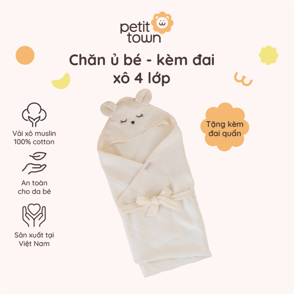 Khăn ủ xô chần 4 lớp có mũ cho bé sơ sinh Petit Town