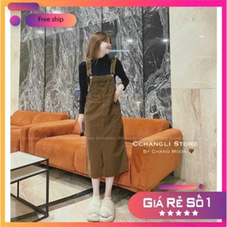 Đầm yếm jean nữ dáng dài chữ A, váy yếm bò 2 dây điều chỉnh form rộng