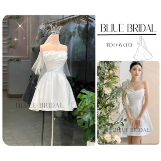 Đầm Đi Bàn Dự Tiệc Váy Trắng Cô Dâu Đi Bàn Dáng Ngắn Cúp Hoa Thêu Ngực Và Eo