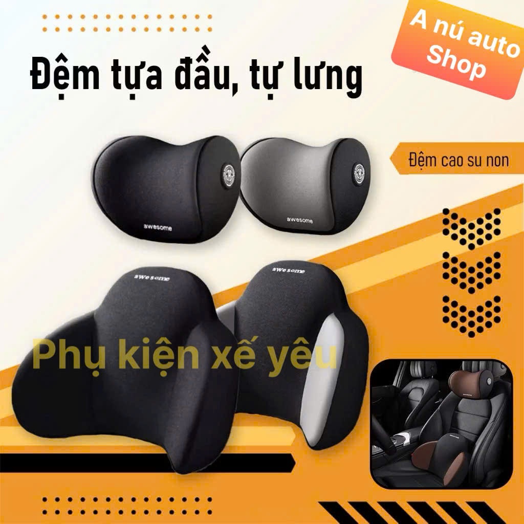 Bộ Tựa Đầu Tựa Lưng AWESOME Cao Su Non Nguyên Khối - Gối Tựa Đầu Tựa Lưng Trên Ô Tô Vỏ Bọc Vải