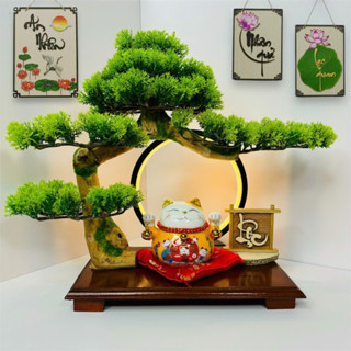 Tiểu cảnh Bonsai mini Mèo Thần Tài decor bàn làm việc hoặc làm quà tặng khai trương,hút tài lộc...