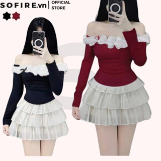 Set Bộ (có tách lẻ) Nữ Áo Trễ Vai Tay Dài Phối Bèo Kèm Chân Váy Voan 3 Tầng SOFIRE Phong Cách Sexy Nữ Tính Tiểu Thư-SB38