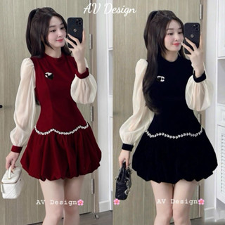 Váy nữ , Váy Nhung Viền Đá Phối Tơ Óng Tặng Kèm Taggg Chà Neooo 2 Màu Đỏ Đen Siêu Sang Chuẩn Form mẫu mặc AV Design