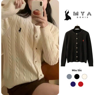 Áo Cardigan len dệt kim nữ MYA, áo khoác Cardigan thêu ngựa tay dài cổ tròn xoắn thừng ôm body
