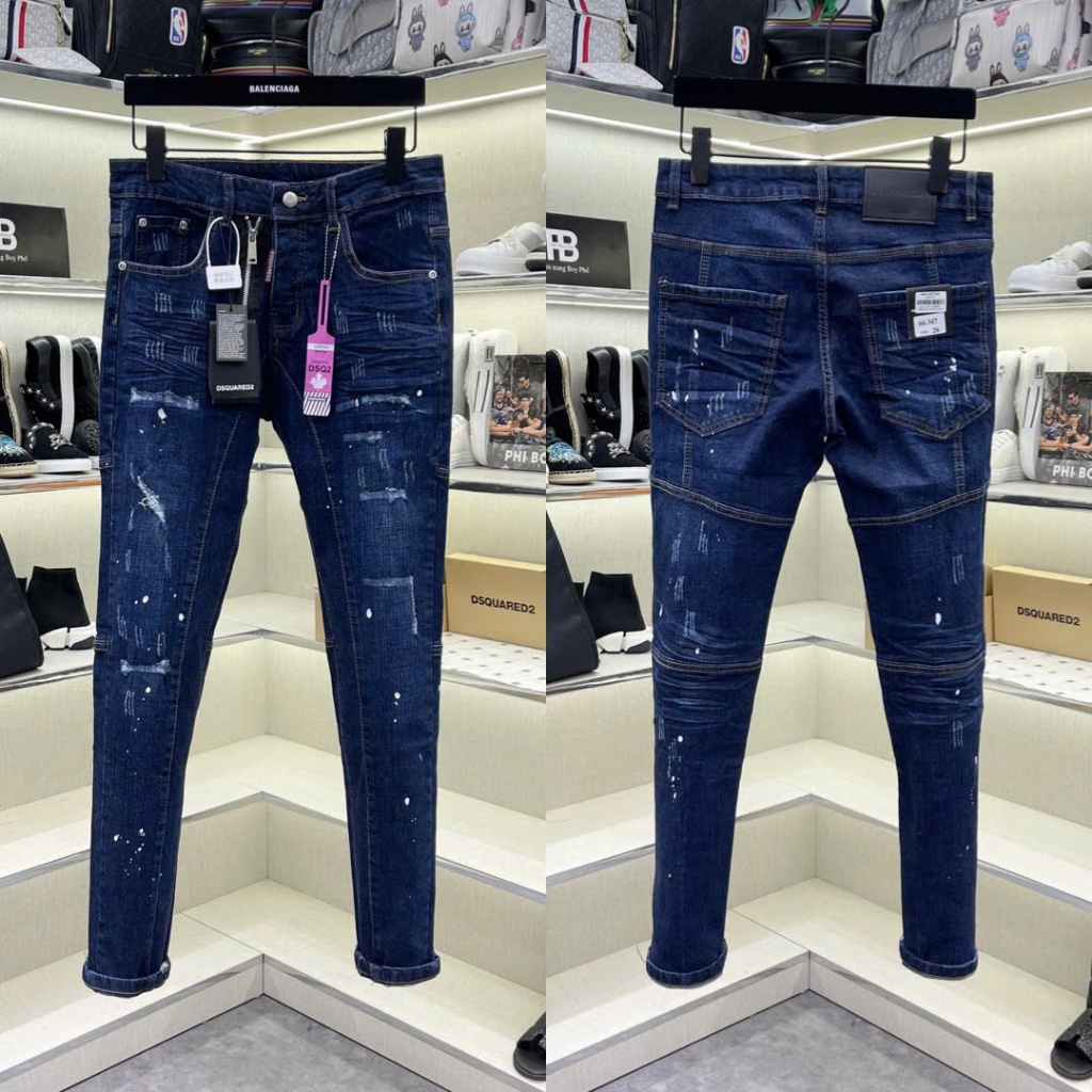 Quần jean bò nam Dsq biker slimfit xanh đậm cào xước vảy sơn dập nhăn 3D phối khoá lệch mác hồng QJ650P