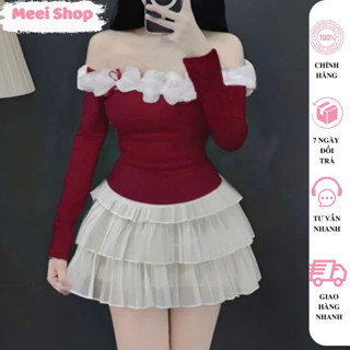 (Có Tách Lẻ) Áo Tay Dài Trễ Vai Phối Bèo Ngực Kèm Chân Váy Ngắn Voan 3 Tầng Xòe Bồng Nữ Tính Meei Shop Tiểu Thư -VN3-