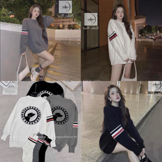 Áo Cổ Tròn Sweater Nam Nữ Thom vạch tay phối Cún in lưng siêu hot