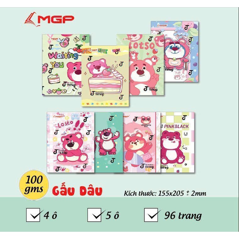 (1 Lốc 10 Quyển) Vở MGP Gấu Dâu 96 Trang 4 Ô Ly Ngang 155x205 mm Dày 100 Gsm (Dày)