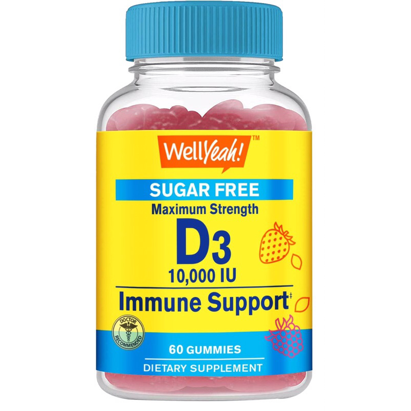 Kẹo dẻo Vitamin D3 không đường 10000 IU (250mcg) Extra Strength tăng cường miễn dịch Wellyeah