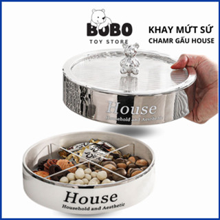  Khay đựng bánh kẹo mứt tết sứ House chất liệu sứ tráng gương khay mứt 4 ngăn kèm nắp thủy tinh sang trọng 