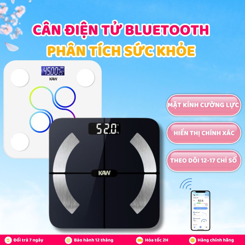 Cân phân tích sức khỏe KAW Màn hình LED hiển thị Mặt cường lực Phân tích 11 chỉ số Kết nối Bluetooth