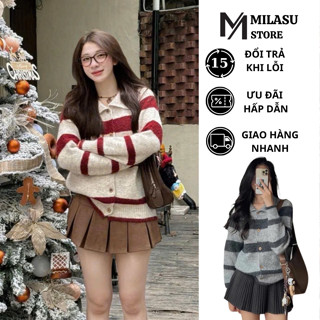  Áo khoác len cổ đức thiết kế kẻ sọc MILASU áo khoác nữ dài tay ấm áp thu đông 359 