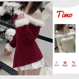  Áo len nữ Timo Áo trễ vai phối lông vạt chéo dáng ôm body chất len lông thỏ mềm min AOT202 