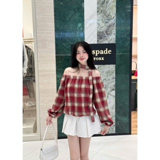 (Ảnh thật) Áo nỉ dạ trễ vai kẻ caro tặng kèm dây caro cá tính