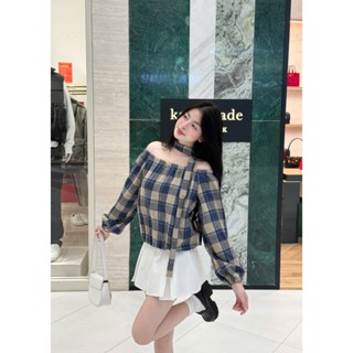   Ảnh thật  Áo nỉ dạ trễ vai kẻ caro tặng kèm dây caro cá tính 