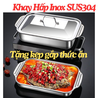 [Tặng kẹp gắp thức ăn] Khay Hấp Inox SUS304 Khay Nấu Ăn Inox SUS304 Có Nắp Để Om Cá, Nướng Bánh, Nấu Lẩu Đa Năng